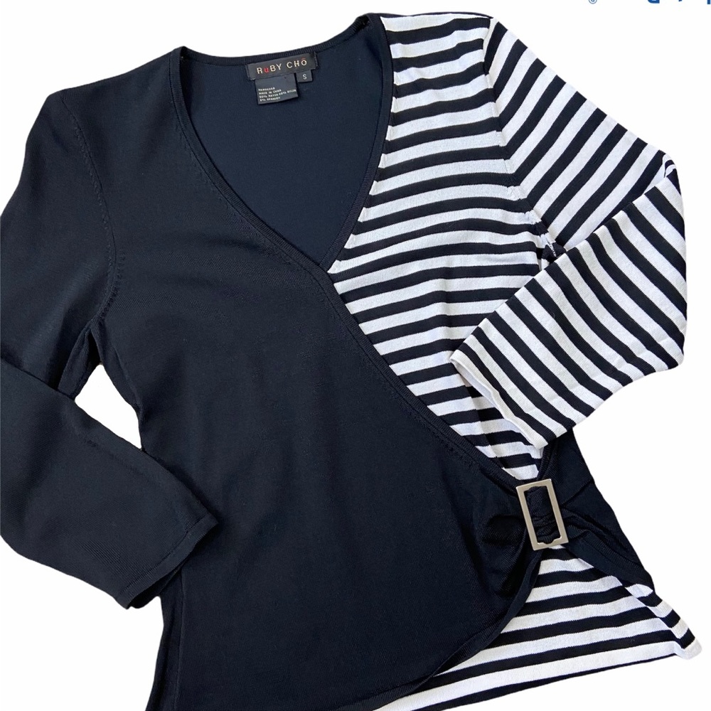 RuBY CHō | Striped Black & White Wrap Buckle Blouse